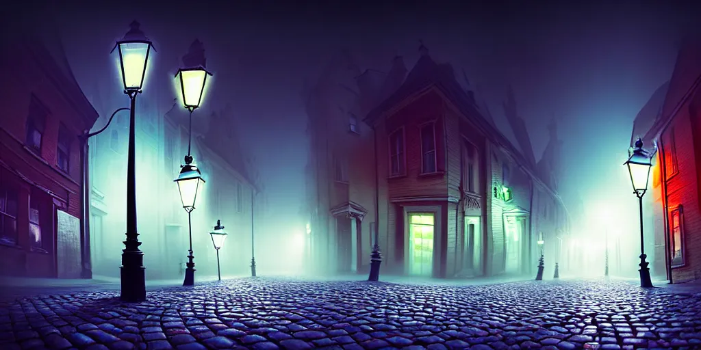 Image similar to curved perspective, extreme narrow, extreme fisheye, digital art of a night foggy street with curled victorian street lamps over cobblestone floor by anton fadeev from nightmare before christmas