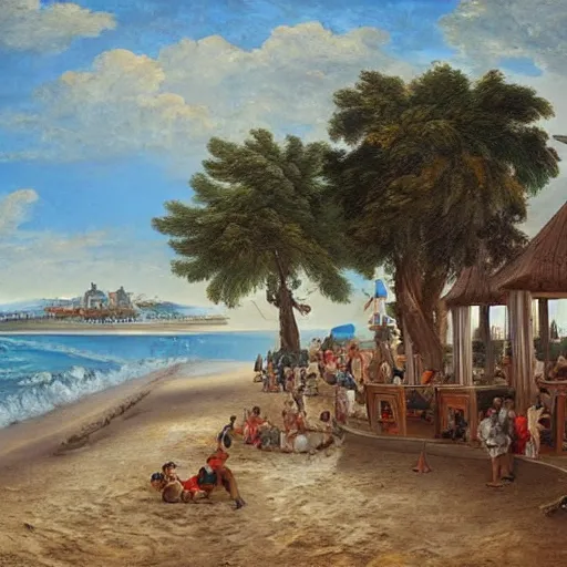 Image similar to Baroque oil painting of a Victorian beach resort, realistic, highly detailed