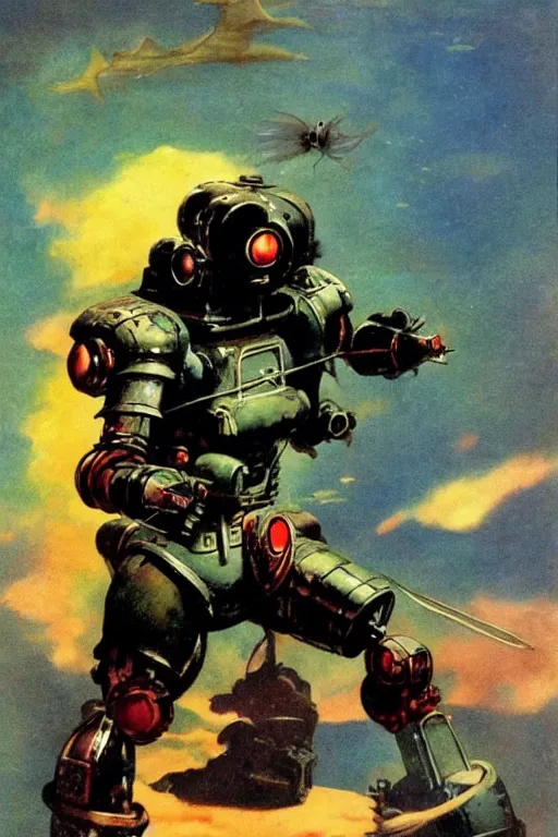 Prompt: a betta fish fighter robot by Frank Frazetta