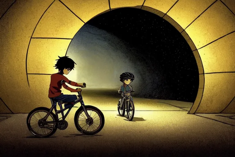 Prompt: a boy riding his bike alone beside a tunnel at night, high intricate details, rule of thirds, golden ratio, cinematic light, anime style, graphic novel by fiona staples and dustin nguyen, by beaststars and orange, peter elson, alan bean, studio ghibli, makoto shinkai