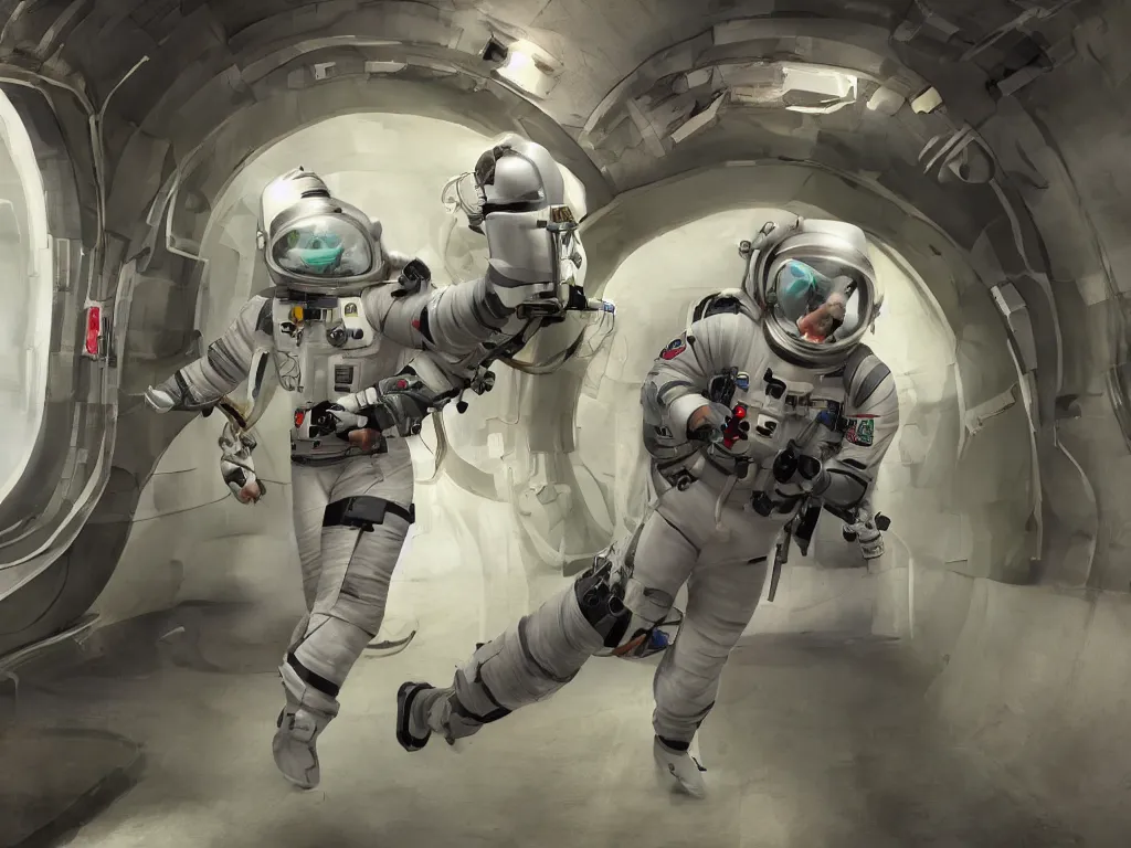 Prompt: Vacuuming through the tunnel in space suit. Hyperrealistic. High definition. Trending on artstation. Unsettling and macabre