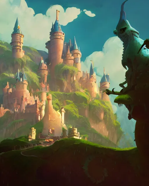 Image similar to fantasy castle with a dragon, cory loftis, james gilleard, atey ghailan, makoto shinkai, goro fujita, studio ghibli, rim light, exquisite lighting, clear focus, very coherent, plain background, soft painting