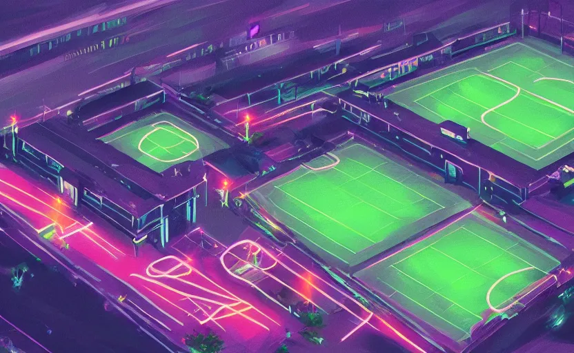 Prompt: sports field on rooftop, neon spot lights, highly detailed, digital painting, artstation, concept art, sharp focus, illustration