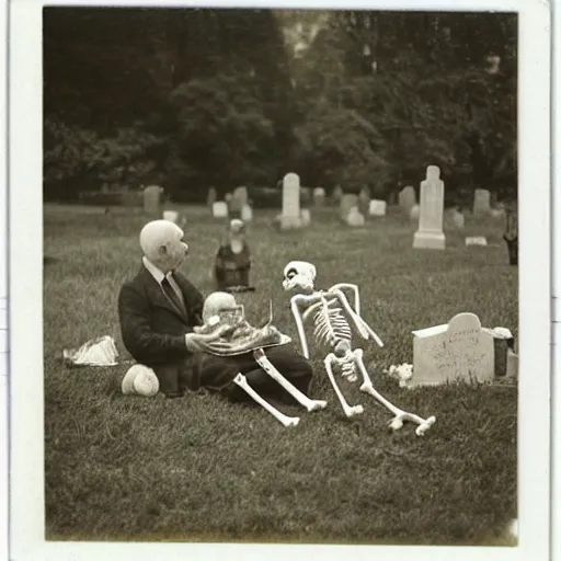 Image similar to old polaroid of a skeleton family doing a picnic in the cemetery