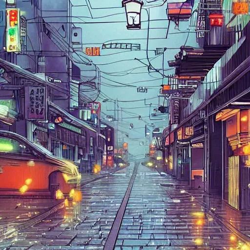 Prompt: a rainy city street in the style of japanese animation, trending on pixiv