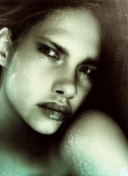 Prompt: close - up portrait of beautiful young woman underwater, art by sally mann