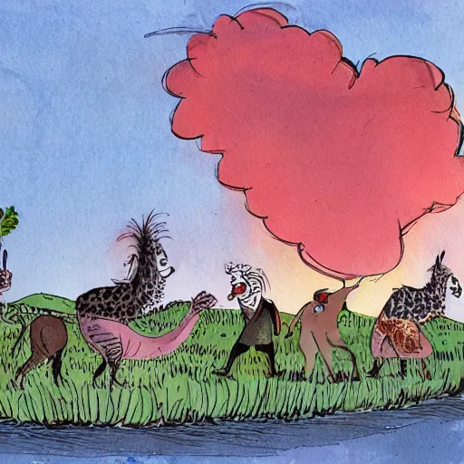 Image similar to quentin blake illustration of a safari at sunset