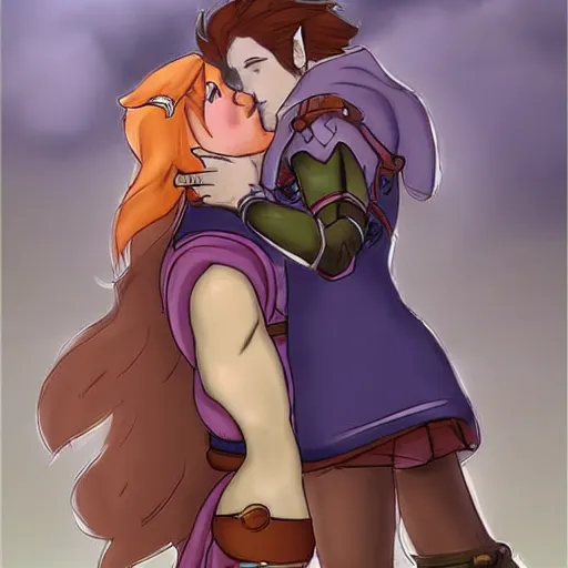 Image similar to female link and malon kissing, concept art, highly detailed