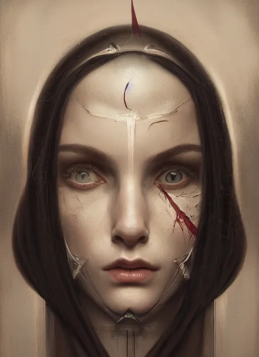 Image similar to octane render, unreal engine, symmetrical realistic, portrait, close - up, dark witch, painting by tom bagshaw, smooth, sharp focus