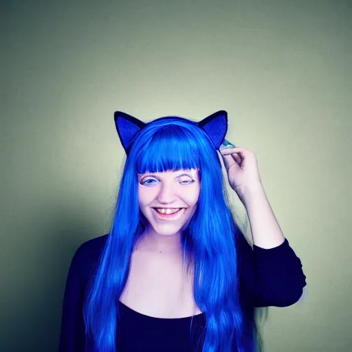 Prompt: photo of a young woman with messy blue hair and cat ears, nerdy, night photography