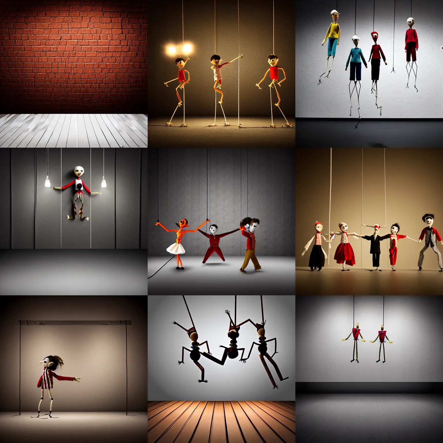 Prompt: marionettes, dynamic composition, studio lighting, random wall or scenery background