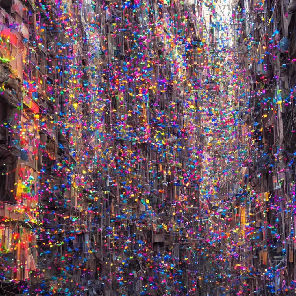 Prompt: a few thin streams of multi-colored glitter flow in a light breeze above the narrow streets of a cyberpunk city