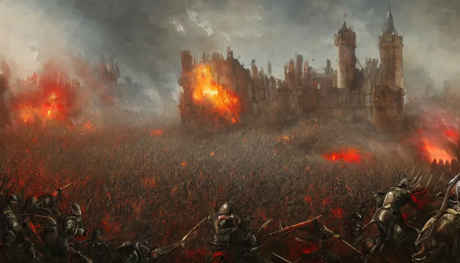 Image similar to 1 7 0 0's painting of huge war between knights and zombies in england, burning castle, hyperdetailed, artstation, cgsociety, 8 k