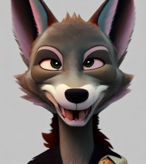 Prompt: painting bust of anthromorphic female wolf, in style of zootopia, zootopia, zootopia, fursona, furry, furaffinity, 4 k, deviantart, furry art, fursona art, wearing black business suit, business suit, in style of zootopia, wolf fursona, cyberpunk, female, expressive detailed feminine face,
