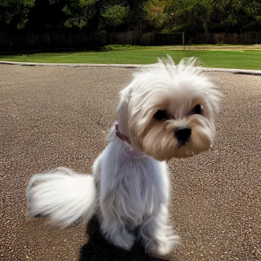 Prompt: a photograph of ellie the maltese playing at the park, hyperrealism, photo realistic, canon pro