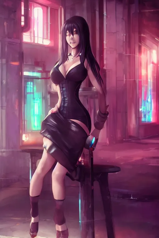 Prompt: 8 k photo of tifa lockhart, tight dress, stockings, stilettos, centered full body, highly detailed, featured on deviantart, neon lighting, artgerm, greg rutkowski, wlop, ilya kushinov, rossdraws