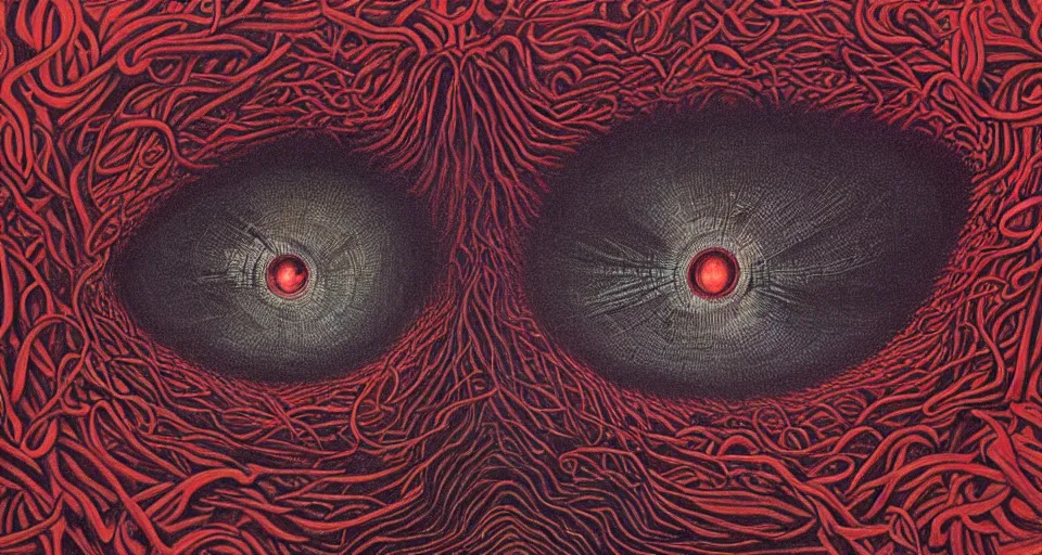 Image similar to a volcano made of ivory vines and crimson rocks enters in eruption, it spits a smoke in the shape of demonic eye, by Alex Grey ,