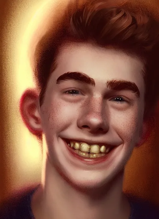 Image similar to portrait of teenage archie andrews, freckles, curly middle part haircut, curly hair, smiling kindly, friendly, 1 9 5 0 s, intricate, elegant, glowing lights, highly detailed, digital painting, artstation, concept art, smooth, sharp focus, illustration, art by wlop, mars ravelo and greg rutkowski