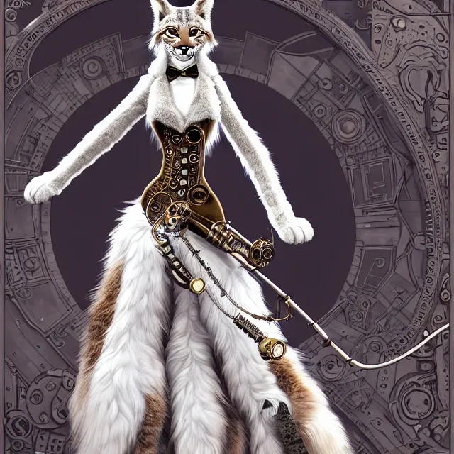 Image similar to the portrait of anthropomorphic lynx fursona wearing a steampunk dress as unimaginably beautiful, gorgeous, elegant, young lynx, an ultrafine hyperdetailed illustration by hioshiru, intricate linework, white fur, unreal engine 5 highly rendered, global illumination, radiant light, detailed and intricate environment