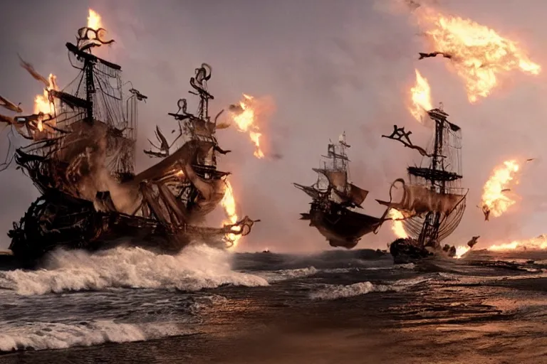 Image similar to vfx movie closeup portrait pirate crew running down beach as pirate ship fires canons, sand explosion by emmanuel lubezki