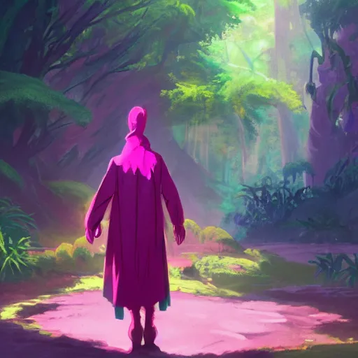 Image similar to concept art painting of an anthropomorphic lizard wearing magenta wizard robes, in the deep forest, realistic, detailed, cel shaded, in the style of makoto shinkai and greg rutkowski and james gurney