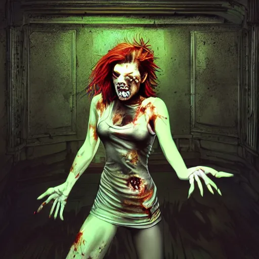 Image similar to angry zombie full body portrait of milla jovovich in an urban szene, grimdark horror, stylized digital illustration, radiating a glowing aura, global illumination, ray tracing, hdr, fanart arstation by ian pesty and katarzyna bek - chmiel