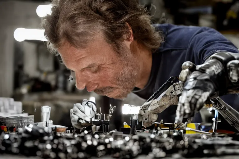 Prompt: cinematography closeup portrait of a Man soldering repairing robot parts in his garage by Michael Bay