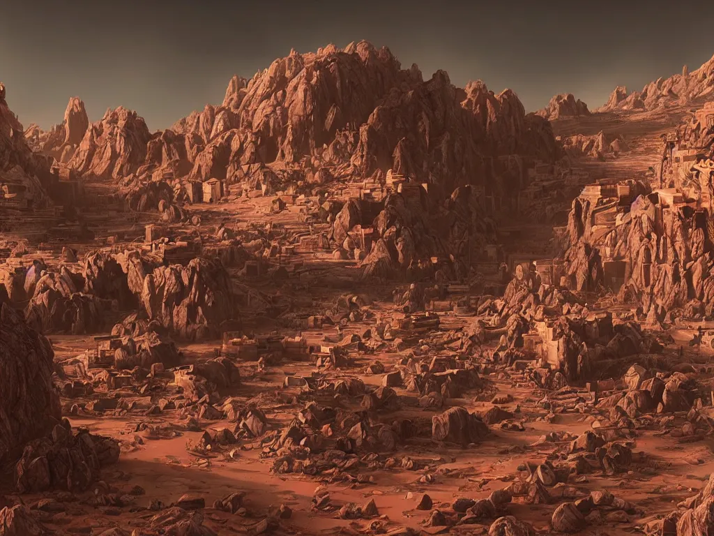 Prompt: Dharamshala!!!!! on Mars!, exterior wide shot, volumetric, epic, cinematic, highly detailed, intricate, by Raphael Lacoste, Eddie Mendoza, Alex Ross, Pilar Gogar, matte painting, 8K HDR