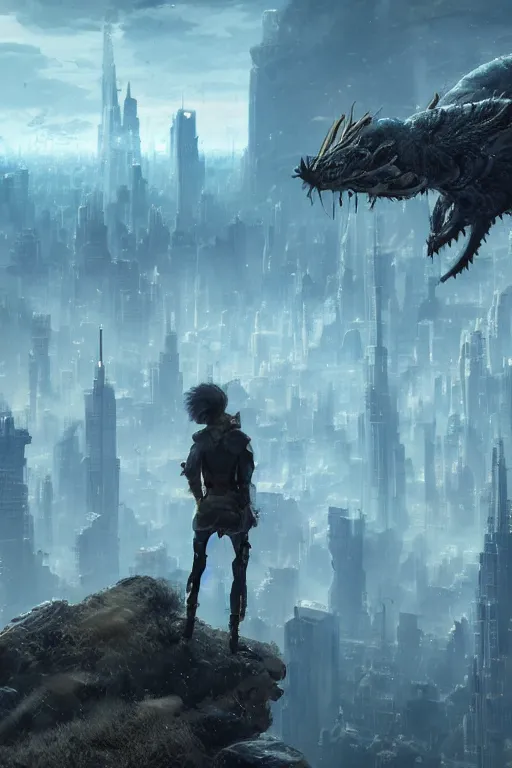 Image similar to A small animal standing in the foreground of an endless city by Greg Rutkowski, Sung Choi, Mitchell Mohrhauser, Maciej Kuciara, Johnson Ting, Maxim Verehin, Peter Konig, final fantasy , 8k photorealistic, cinematic lighting, HD, high details, dramatic, atmospheric,