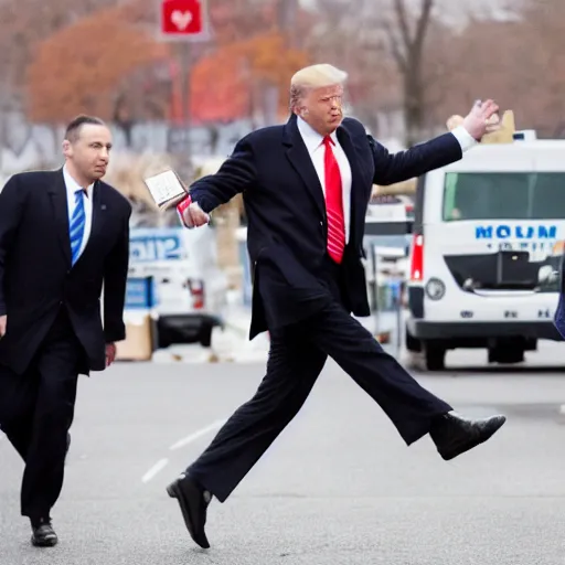 Image similar to donald trump holding bags of money, running from the police