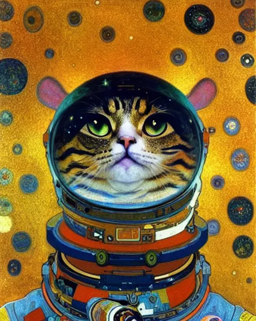 Image similar to space cosmonaut cat portrait an oil painting splashes with many colors and shapes by gustav klimt greg rutkowski and alphonse mucha, polycount, generative art, psychedelic, fractalism, glitch art