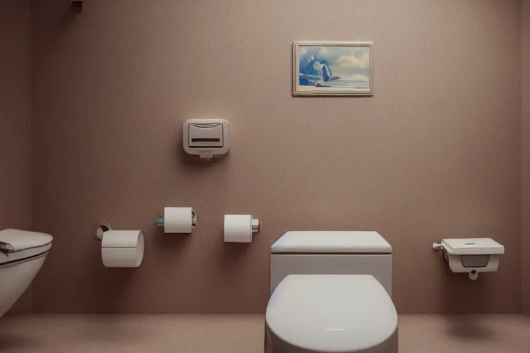 Image similar to hyperrealism aesthetic photography of detailed gigantic toilet in surreal scene from detailed art house movie in style of denis villeneuve and wes anderson