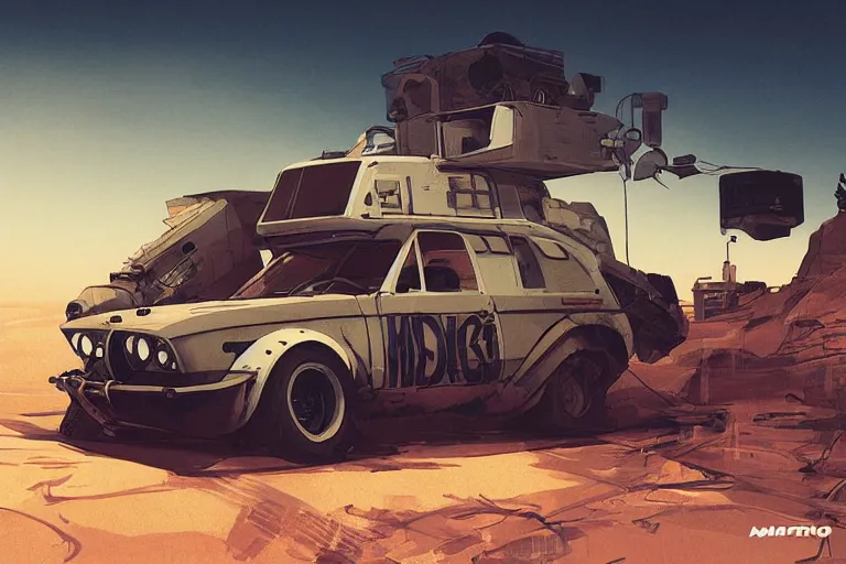 Image similar to dieselpunk digital illustration of mad max's bmw m 1 camper by makoto shinkai, ilya kuvshinov, lois van baarle, rossdraws, basquiat