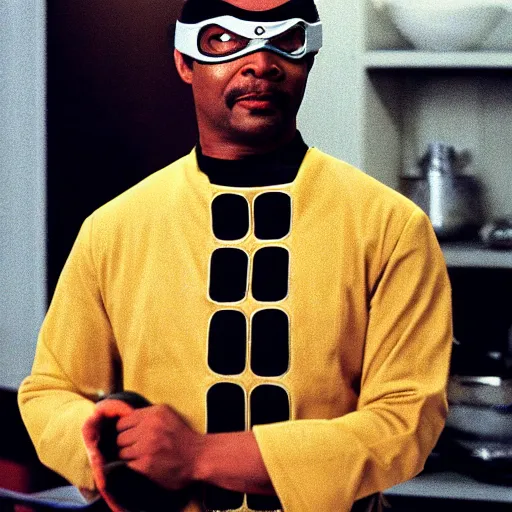 Prompt: Geordi LaForge wearing visor and a colander and random kitchen tools on his head