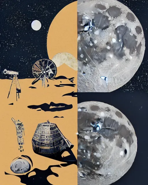 Prompt: A collage of the moon landing, mid-century modern, made of random shapes cut from magazines