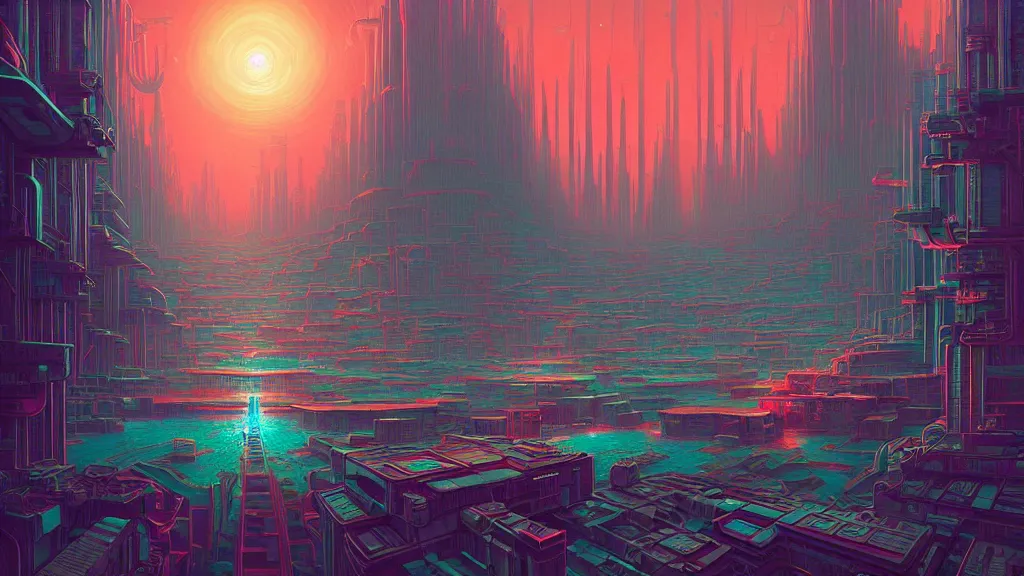 Prompt: surreal robot city at the other side of nowhere, sharp digital painting. dreaming latent space. concept art. artstation. casey weldon. digital render. dan mumford. clean retro. bruce pennington.