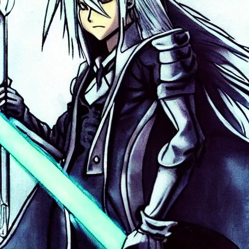 Image similar to Pikachu cosplaying Sephiroth with his long sword and a meaning face, coloured manga style