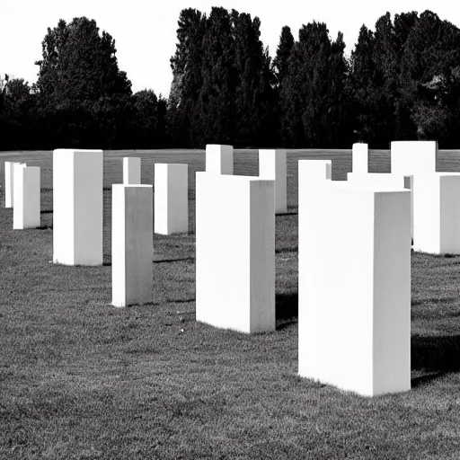 Prompt: a line of identical white concrete monoliths standing in a featureless grassy field