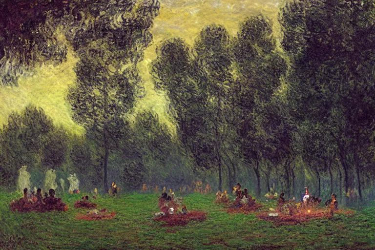 Image similar to a detailed illustration of a god ruining a picnic in the park, nightmare in the park, small crowd of people, calamity, dark storms with lightning, 8 k, art by claude monet and andreas rocha and albert bierstadt