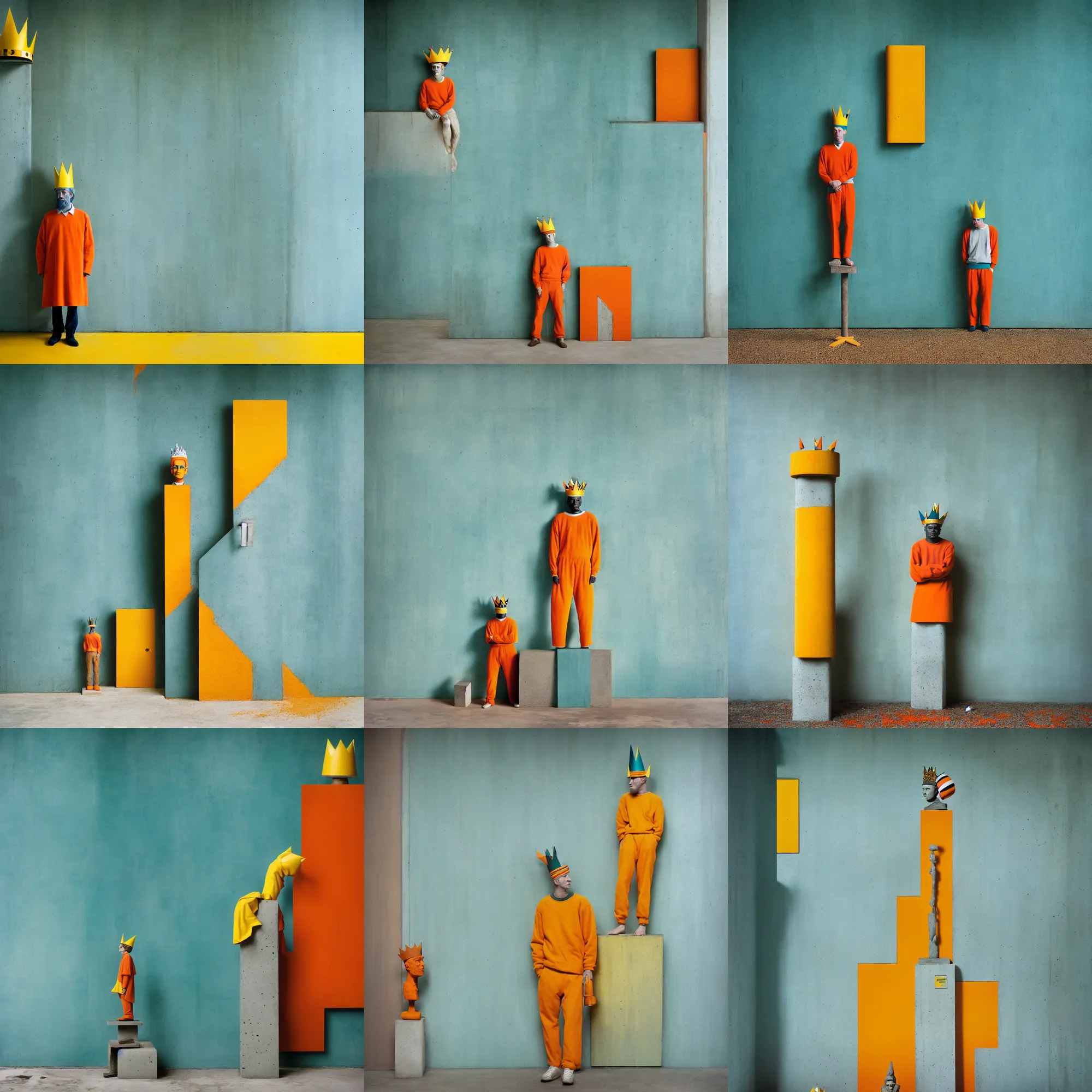 Image similar to kodak portra 4 0 0, 8 k, shot of a highly detailed, britt marling style, colour still - life portrait of a large minimalistic room, rough concrete walls, a single rough carved wooden teal and orange striped coloured statue is standing on a concrete podest with a yellow crown on his head, muted colours