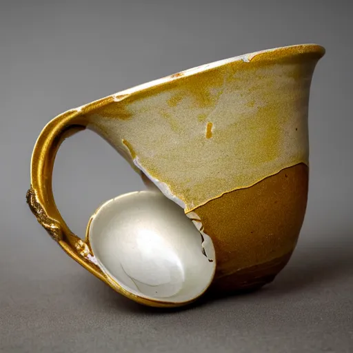 Image similar to photo of a cracked ceramic cup repaired with gold, kintsugi, beautiful, cinematic, high detail,