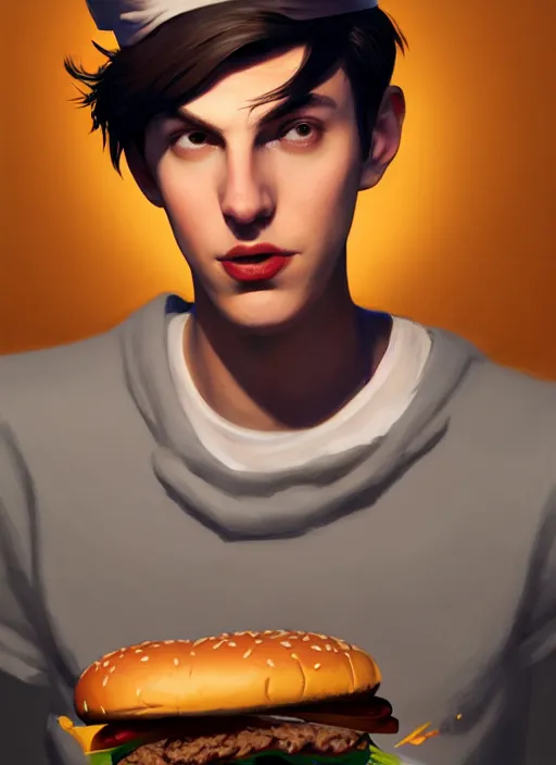 Image similar to portrait of jughead jones, eating a hamburger, wearing a grey crown, eyes closed, intricate, elegant, glowing lights, highly detailed, digital painting, artstation, concept art, smooth, sharp focus, illustration, art by wlop, mars ravelo and greg rutkowski