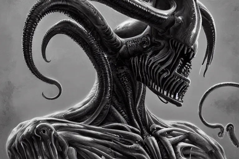 Image similar to ultra realist soft painting of a single xenomorph so scary one glance is enough to drive a man insane, tentacles, eyes, very intricate details, ultra dense fog, golden ratio, volumetric black and white lighting, reflections, refractions, symmetry accurate anatomy features, unreal render