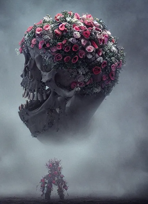 Prompt: skull surrounded by flowers, fog, cinematic shot, denis villeneuve, movie still, wayne barlowe, detailed, very coherent, vintage, fine art, emil melmoth,