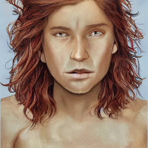 Image similar to face portrait of a boy with red hair and freckles, blue eyes, a long nose, highly detailed, digital art