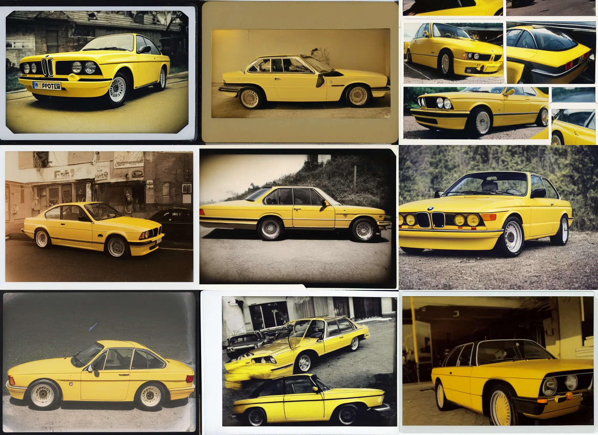 Prompt: old polaroid shots of a yellow BMW