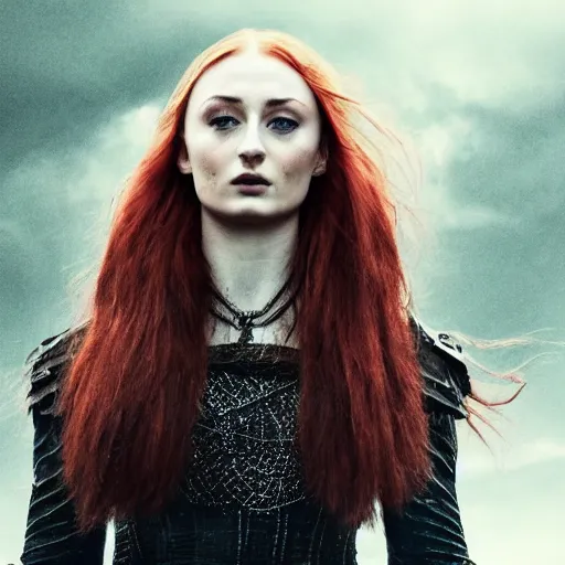 Image similar to sophie turner as a witch, dnd, extreme detail, gorgeous, portrait, beautiful, sharp focus, 4 k, atmospheric, gritty