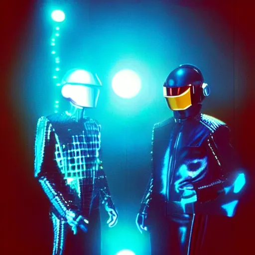 Image similar to “behind the scenes still of Daft Punk guest appearance in Tron (1985). Award winning Photo.”