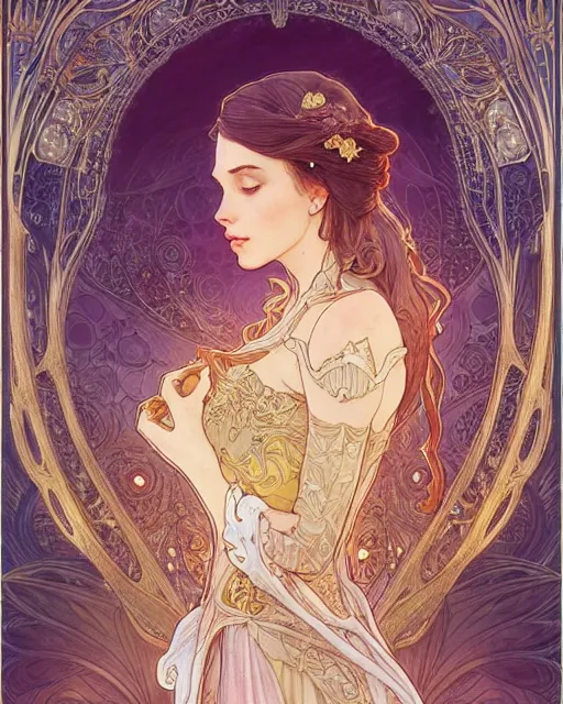 Image similar to a couple, highly detailed, very intricate, art nouveau, gold filigree, romantic storybook fantasy, soft cinematic lighting, award - winning, disney concept art watercolor illustration by mandy jurgens and alphonse mucha and alena aenami, pastel color palette, featured on artstation