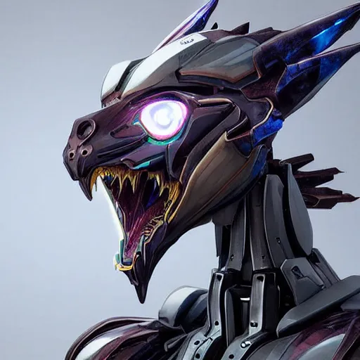 Image similar to stunning bust of a beautiful anthropomorphic robot mecha female dragon, with smooth and streamlined armor, standing and posing elegantly, well detailed dragon head with epic LED eyes and a beautiful glowing maw, sharp and dangerous sleek design, two arms, beautiful digital art, artstation, DeviantArt, FurAffinity, professional, depth of field, close-up, hd, octane render, sunset lighting